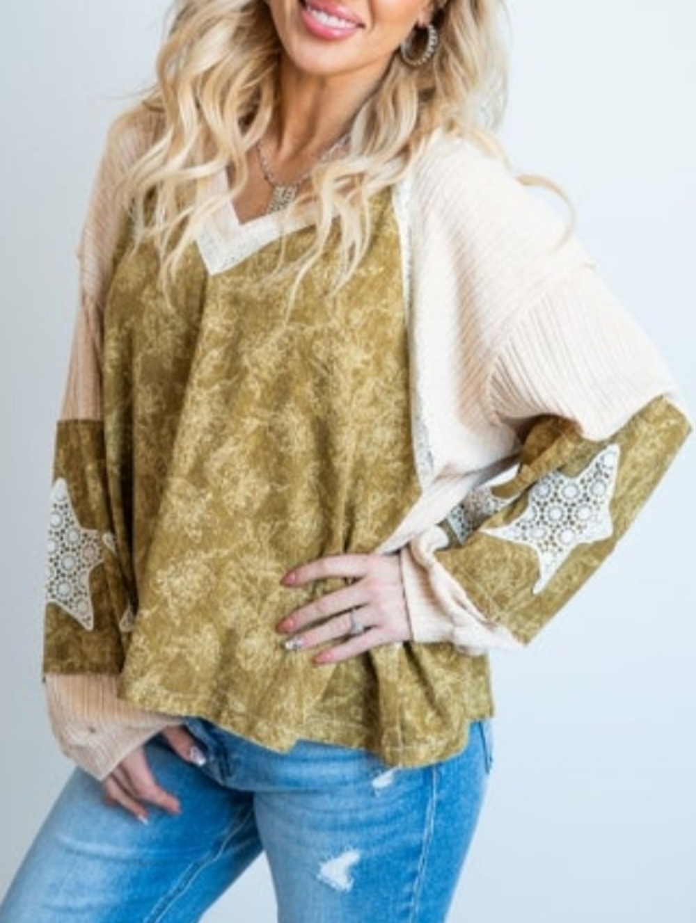 Olive Green and Cream Mixed-Media V-Neck Pullover